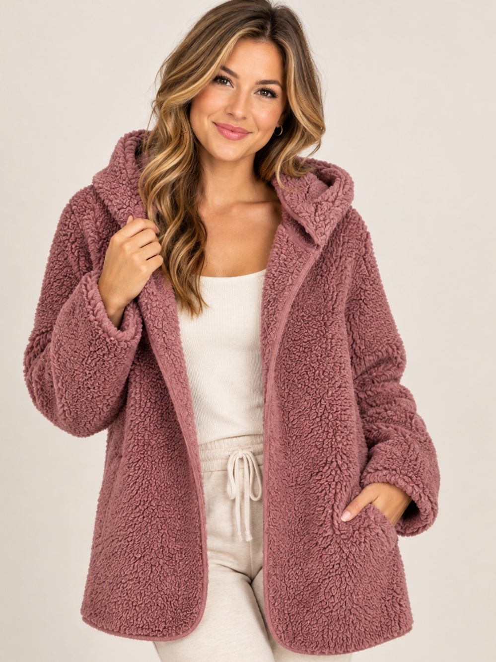 PINK Victoria’s Secret Sherpa Teddy Jacket Hoodie Mauve Pink Cozy Oversized M/L